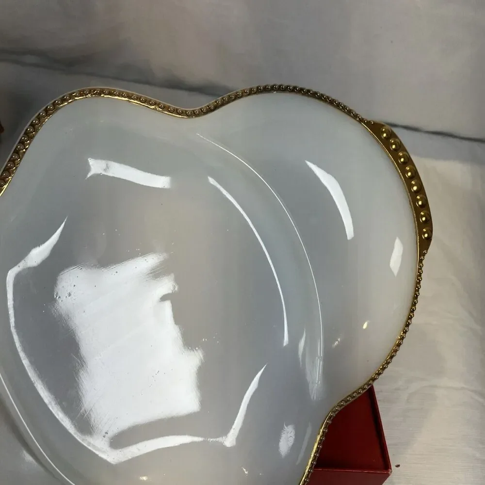ANCHOR HOCKING FIRE KING MILK GLASS GOLD DIVIDED RELISH DISH Original Box‎
